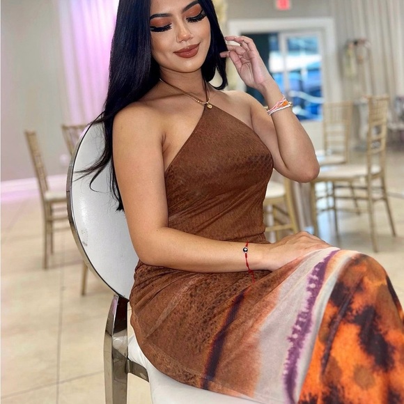 ZARA Tulle Bloggers Favorite Halter Maxi open back Dress Brown Open Back NWT - Picture 7 of 11